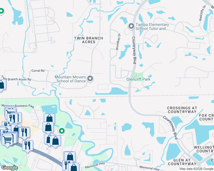 map of restaurants, bars, coffee shops, grocery stores, and more near 9204 Woodbay Drive in Tampa