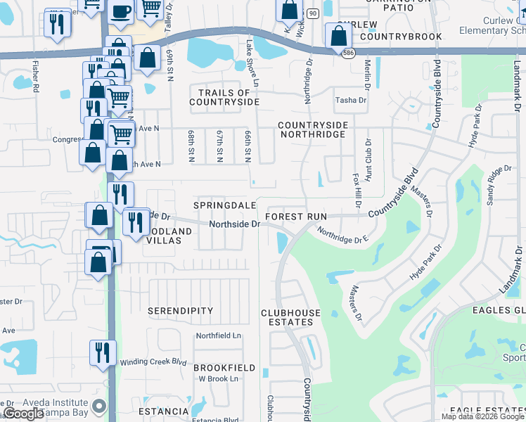 map of restaurants, bars, coffee shops, grocery stores, and more near 2591 Elderberry Drive in Clearwater