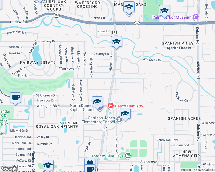 map of restaurants, bars, coffee shops, grocery stores, and more near 2365 Clark Cameron Drive in Dunedin