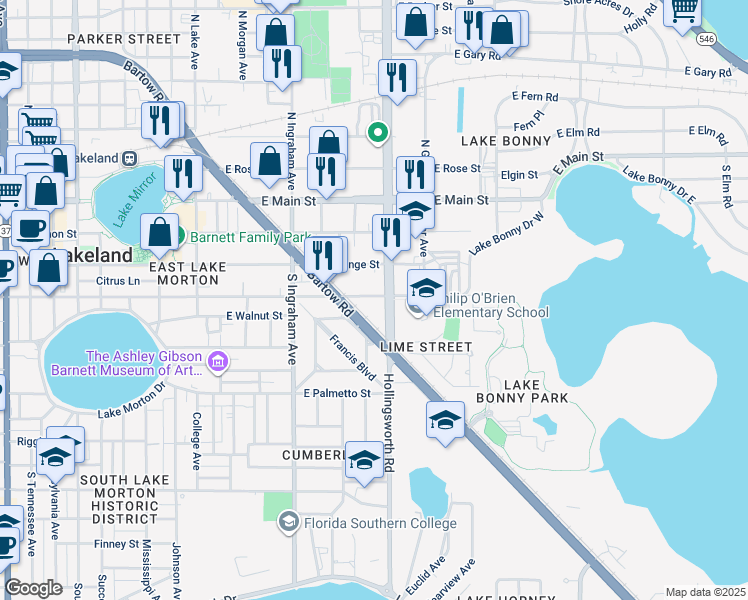 map of restaurants, bars, coffee shops, grocery stores, and more near 1118 East Lime Street in Lakeland