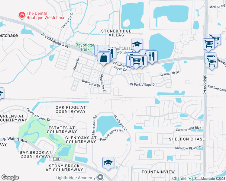 map of restaurants, bars, coffee shops, grocery stores, and more near 9845 Meadow Field Circle in Tampa