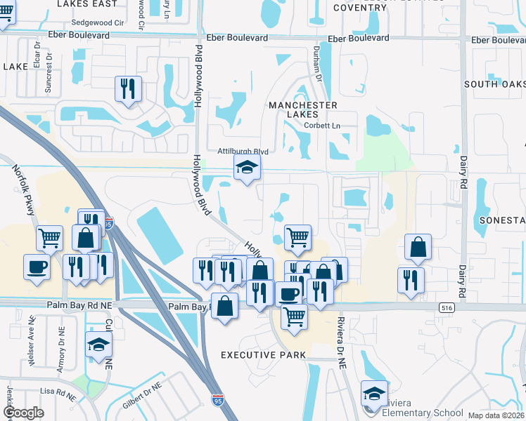map of restaurants, bars, coffee shops, grocery stores, and more near 4744 Academic Lane in West Melbourne