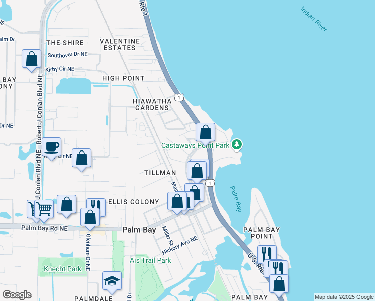 map of restaurants, bars, coffee shops, grocery stores, and more near 1748b Wipperman Avenue Northeast in Palm Bay