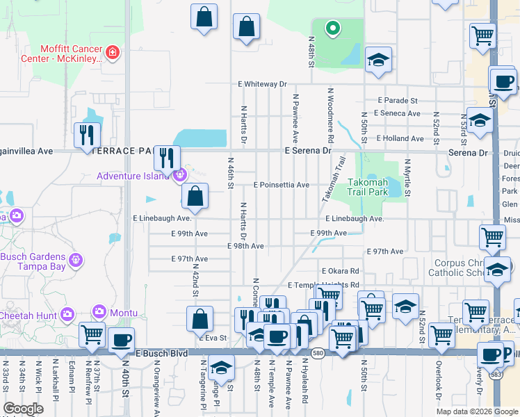 map of restaurants, bars, coffee shops, grocery stores, and more near 10007 North Connechusett Road in Tampa