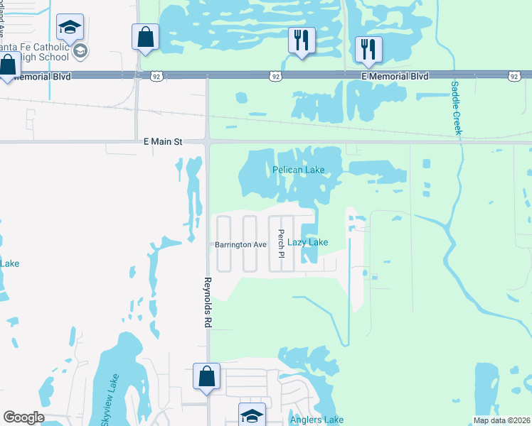 map of restaurants, bars, coffee shops, grocery stores, and more near 415 Lazy Lake Drive West in Lakeland