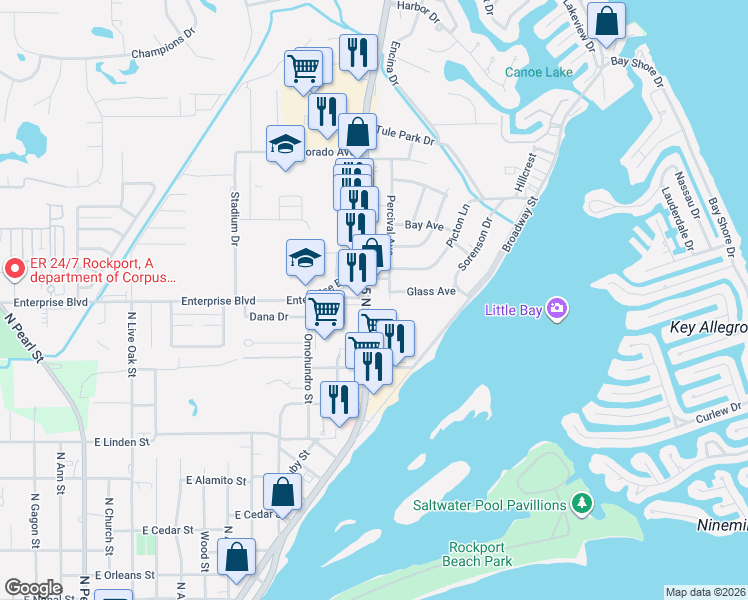 map of restaurants, bars, coffee shops, grocery stores, and more near 1629 Texas 35 Business in Rockport
