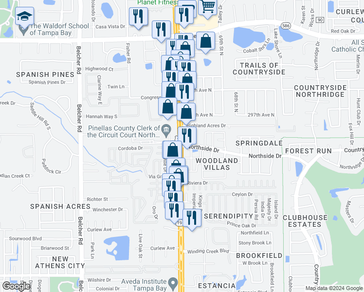 map of restaurants, bars, coffee shops, grocery stores, and more near 2645 Northside Drive in Clearwater