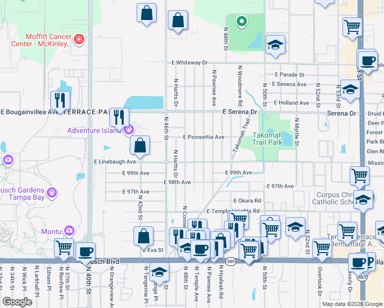 map of restaurants, bars, coffee shops, grocery stores, and more near 10012 North Connechusett Road in Tampa