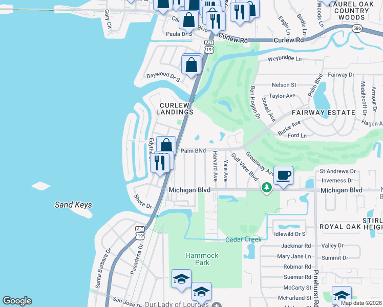 map of restaurants, bars, coffee shops, grocery stores, and more near 623 Palm Boulevard in Dunedin