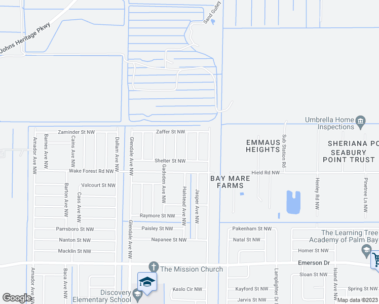 map of restaurants, bars, coffee shops, grocery stores, and more near 1627 Jacinto Avenue Northwest in Palm Bay