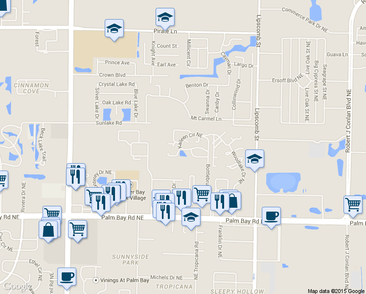map of restaurants, bars, coffee shops, grocery stores, and more near 3511 Kaileen Circle Northeast in Palm Bay