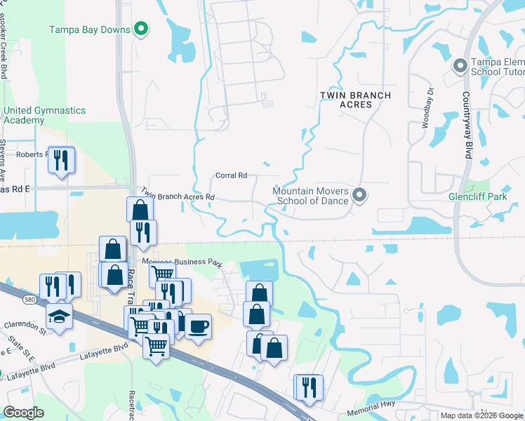 map of restaurants, bars, coffee shops, grocery stores, and more near 10001 Saddle Road in Tampa