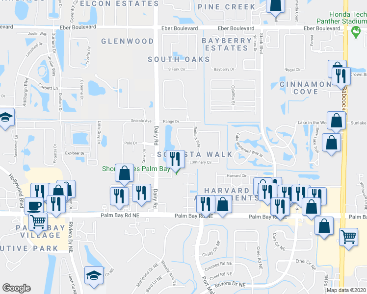 map of restaurants, bars, coffee shops, grocery stores, and more near 1145 Luminary Circle in Melbourne