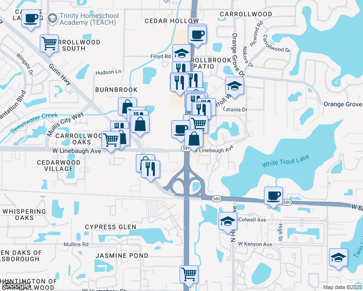 map of restaurants, bars, coffee shops, grocery stores, and more near 10002 North Dale Mabry Highway in Tampa