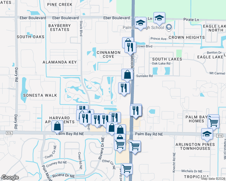 map of restaurants, bars, coffee shops, grocery stores, and more near 300 North Lakeside Drive in Melbourne