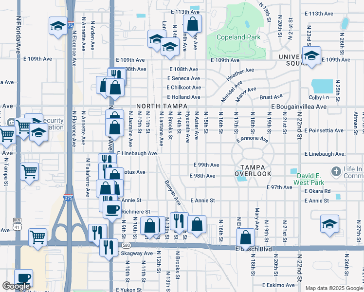 map of restaurants, bars, coffee shops, grocery stores, and more near 10014 Hyacinth Avenue in Tampa