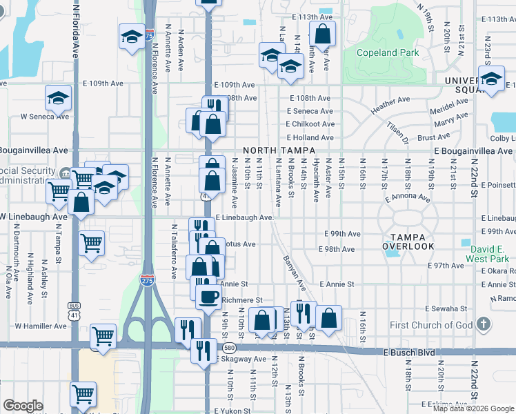 map of restaurants, bars, coffee shops, grocery stores, and more near 10013 North 11th Street in Tampa