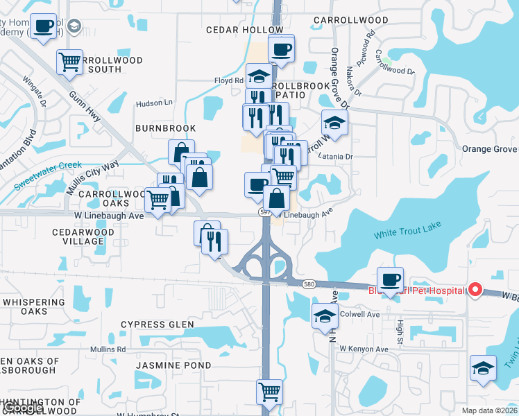 map of restaurants, bars, coffee shops, grocery stores, and more near 10000 North Dale Mabry Highway in Tampa