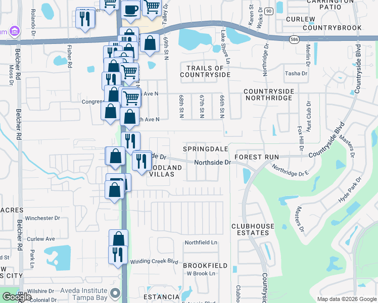 map of restaurants, bars, coffee shops, grocery stores, and more near 3278 Pine Haven Drive in Clearwater