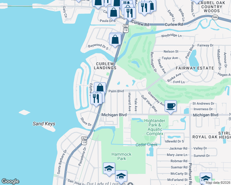 map of restaurants, bars, coffee shops, grocery stores, and more near 623 Palm Boulevard in Dunedin