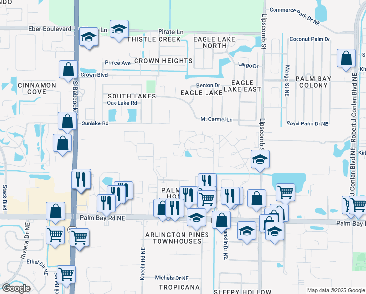 map of restaurants, bars, coffee shops, grocery stores, and more near 2818 Kaileen Circle Northeast in Palm Bay