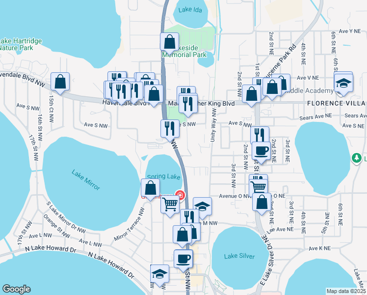 map of restaurants, bars, coffee shops, grocery stores, and more near 1776 6th Street Northwest in Winter Haven