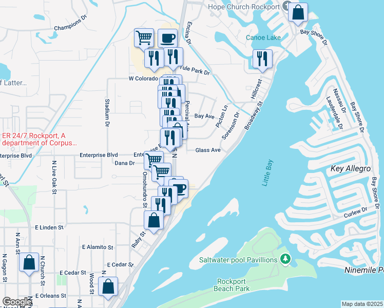 map of restaurants, bars, coffee shops, grocery stores, and more near 1904 Glass Avenue in Rockport