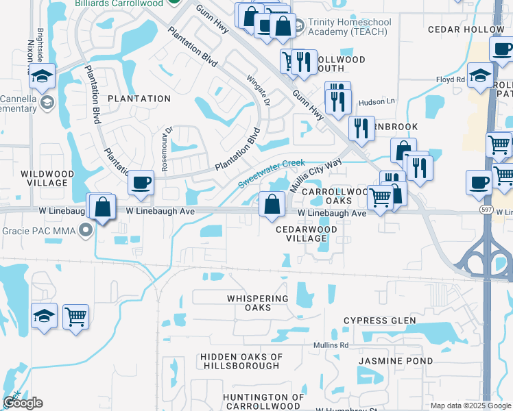 map of restaurants, bars, coffee shops, grocery stores, and more near 4115 Chatham Oak Court in Tampa