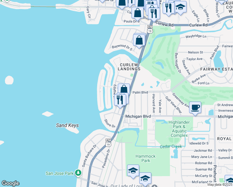 map of restaurants, bars, coffee shops, grocery stores, and more near 73 Palm Boulevard in Dunedin
