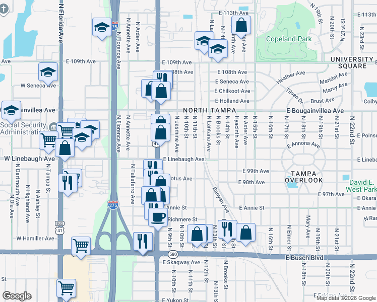 map of restaurants, bars, coffee shops, grocery stores, and more near 10007 North 10th Street in Tampa