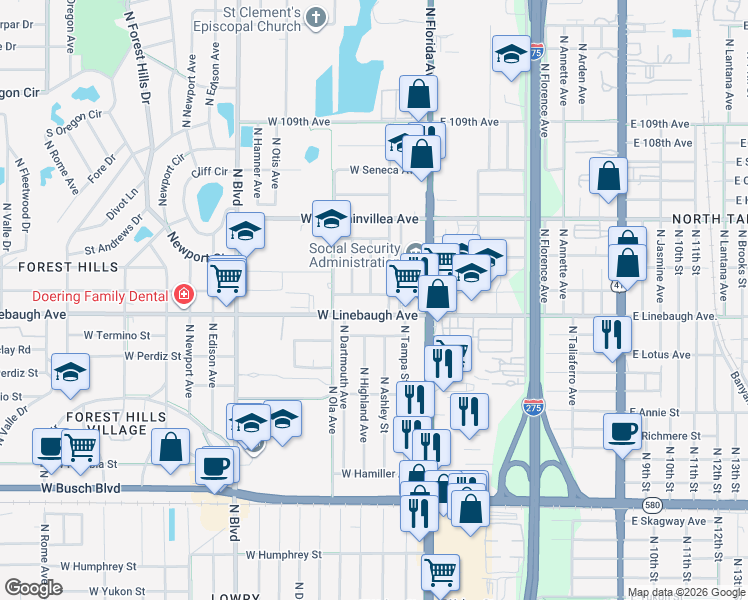 map of restaurants, bars, coffee shops, grocery stores, and more near 206 West 101st Avenue in Tampa