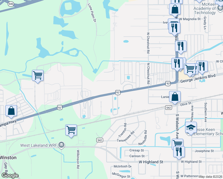 map of restaurants, bars, coffee shops, grocery stores, and more near 315 Howard Avenue in Lakeland