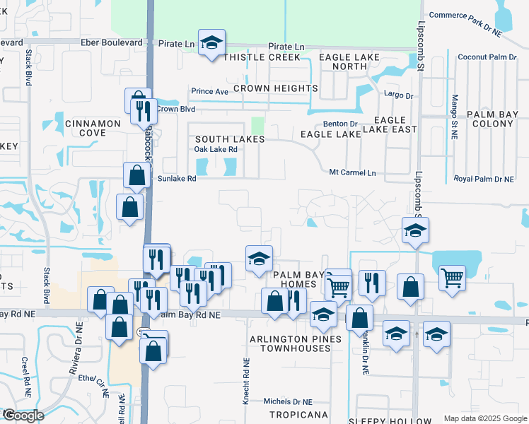 map of restaurants, bars, coffee shops, grocery stores, and more near 4123 Pinewood Drive Northeast in Palm Bay