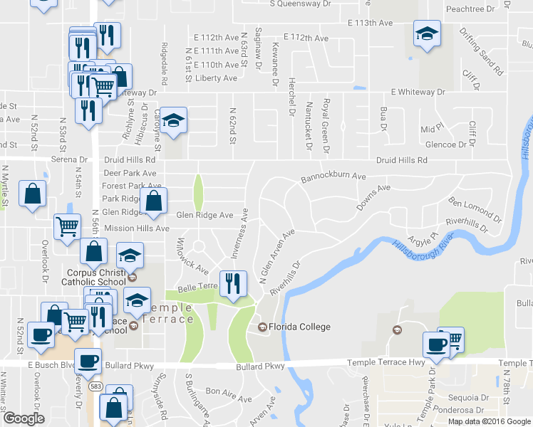map of restaurants, bars, coffee shops, grocery stores, and more near 303 Bannockburn Ave in Tampa