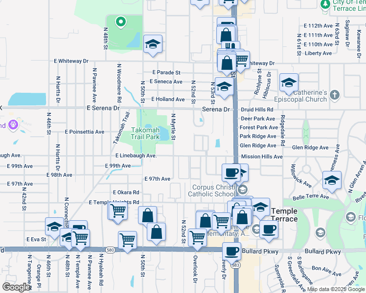 map of restaurants, bars, coffee shops, grocery stores, and more near 5108 Mission Hills Avenue in Tampa