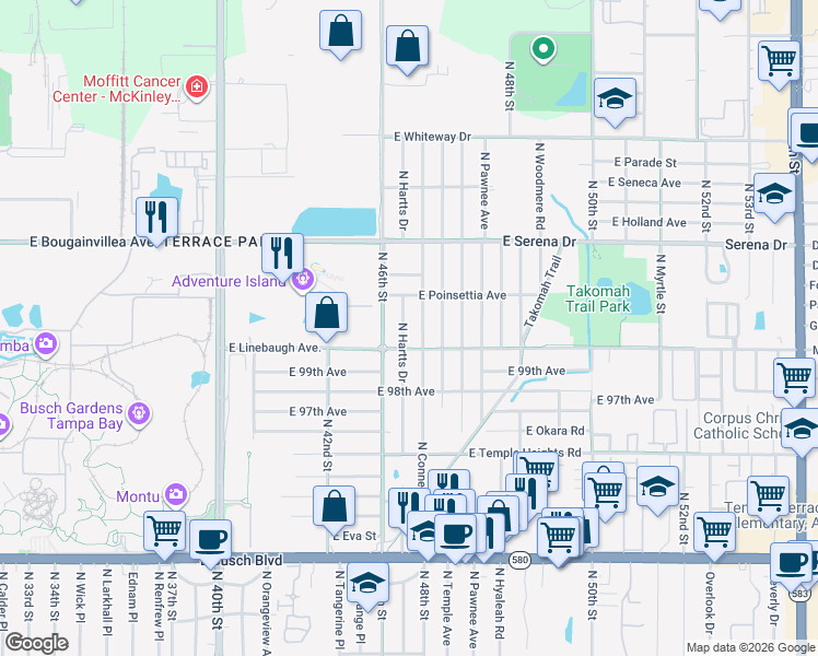 map of restaurants, bars, coffee shops, grocery stores, and more near 10012 North Connechusett Road in Tampa