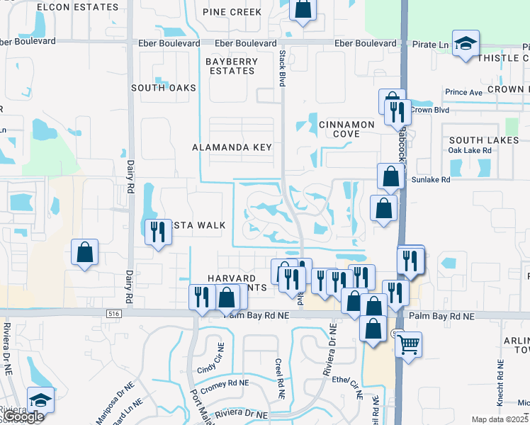 map of restaurants, bars, coffee shops, grocery stores, and more near 4950 Lake Waterford Way West in Melbourne