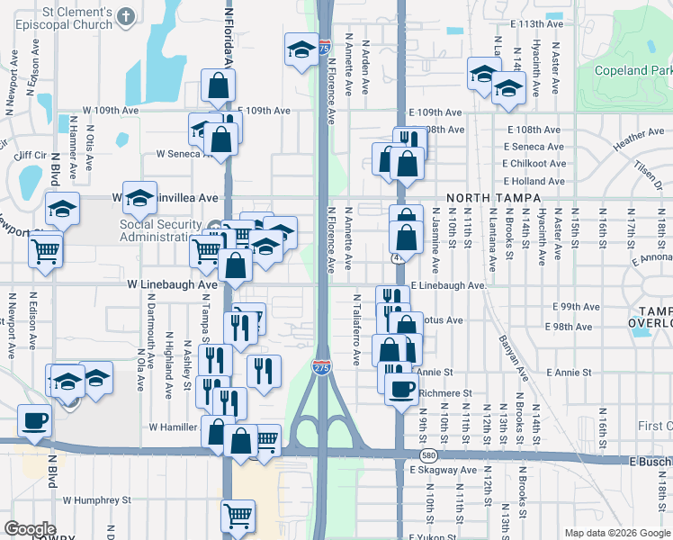map of restaurants, bars, coffee shops, grocery stores, and more near 10101 North Florence Avenue in Tampa