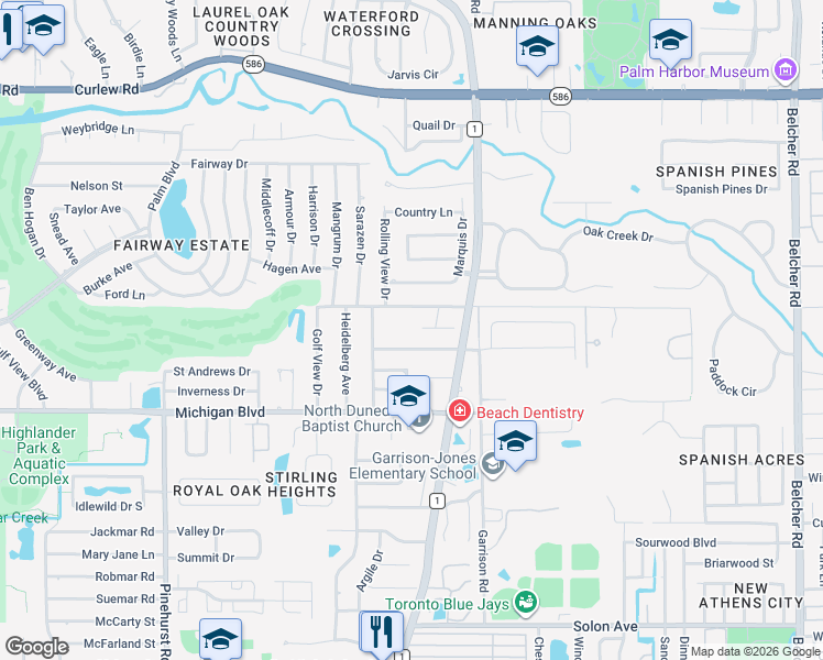 map of restaurants, bars, coffee shops, grocery stores, and more near 1605 Brady Drive in Dunedin