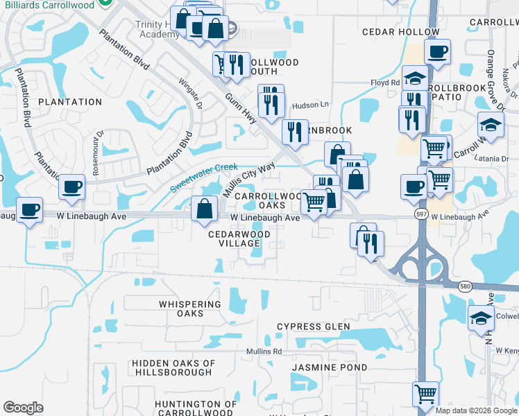 map of restaurants, bars, coffee shops, grocery stores, and more near 10121 Lake Oak Circle in Tampa