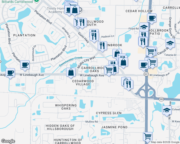 map of restaurants, bars, coffee shops, grocery stores, and more near 10131 Lake Oak Circle in Tampa