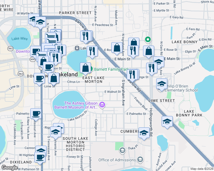 map of restaurants, bars, coffee shops, grocery stores, and more near 828 Lime Street in Lakeland