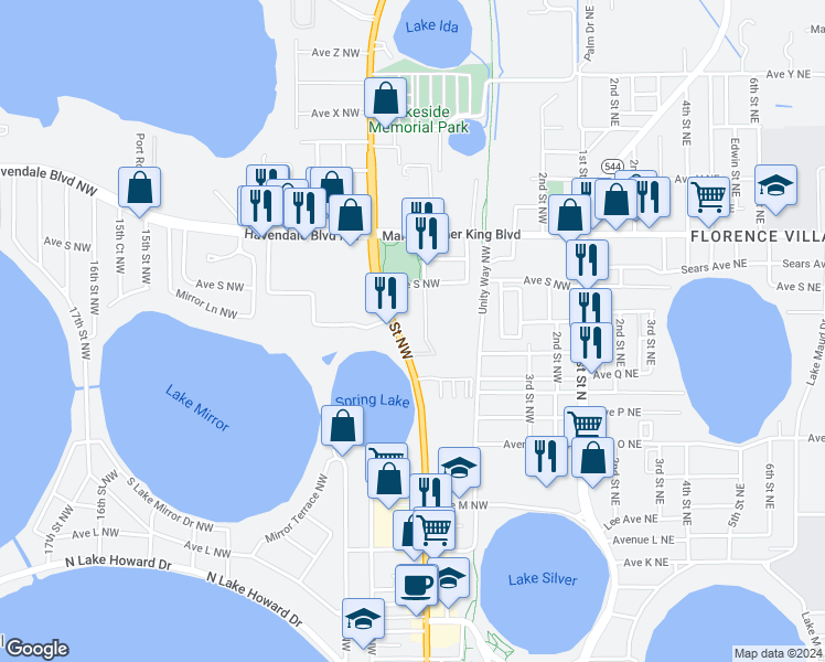 map of restaurants, bars, coffee shops, grocery stores, and more near 1776 6th Street Northwest in Winter Haven