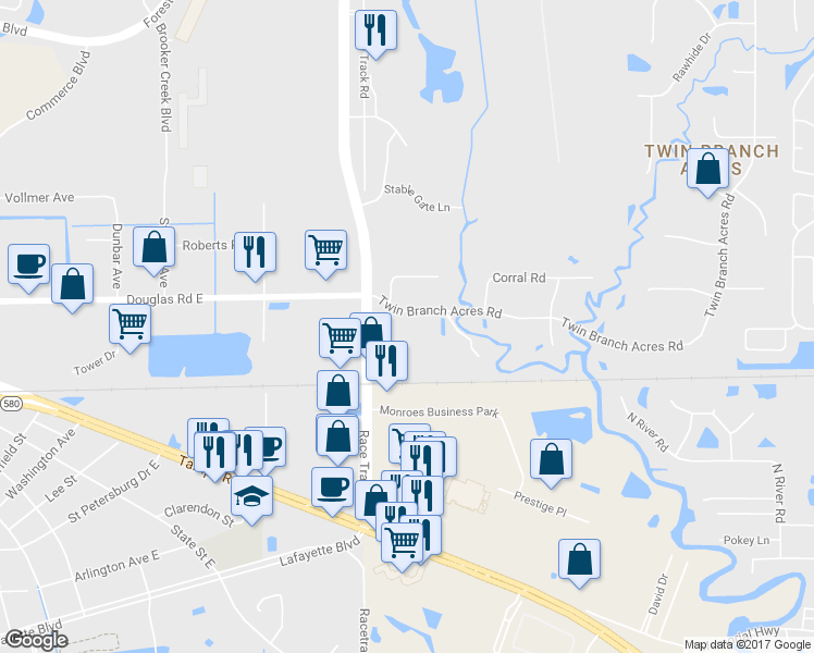 map of restaurants, bars, coffee shops, grocery stores, and more near 12810 Twin Branch Acres Road in Tampa