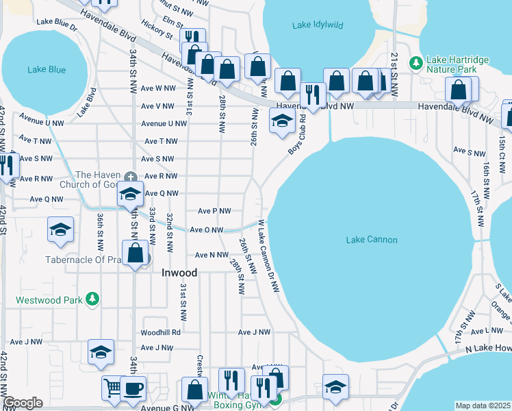 map of restaurants, bars, coffee shops, grocery stores, and more near 1515 West Lake Cannon Drive Northwest in Winter Haven