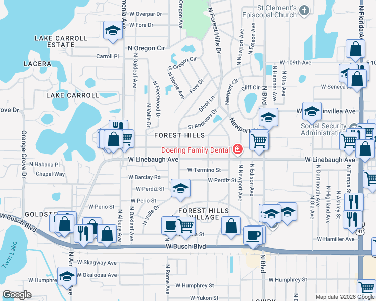 map of restaurants, bars, coffee shops, grocery stores, and more near 1420 West Meadowbrook Avenue in Tampa
