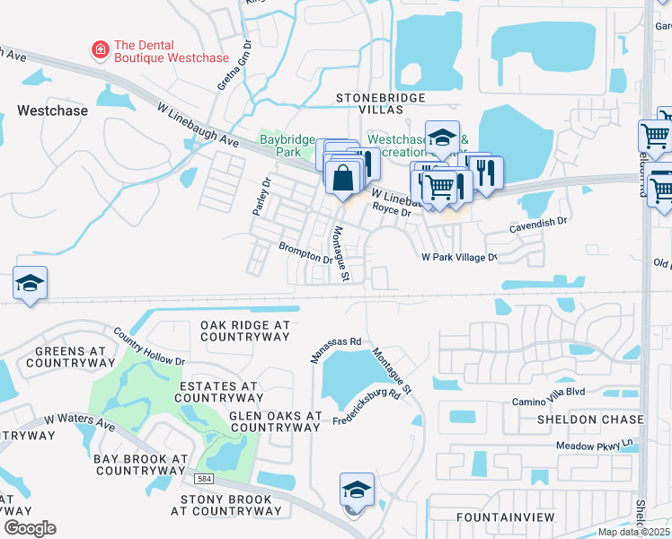 map of restaurants, bars, coffee shops, grocery stores, and more near 9836 Brompton Drive in Westchase