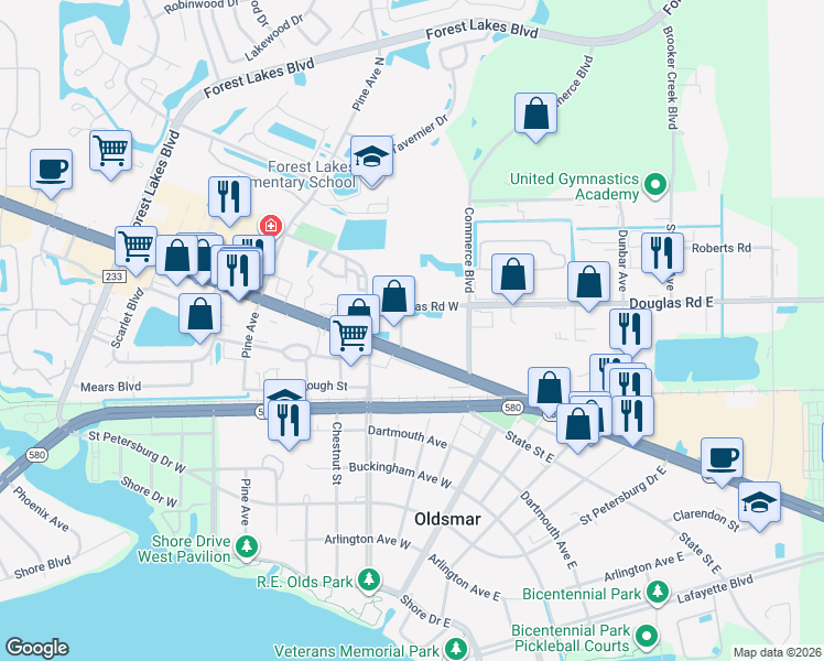 map of restaurants, bars, coffee shops, grocery stores, and more near 3917 Tampa Road in Oldsmar