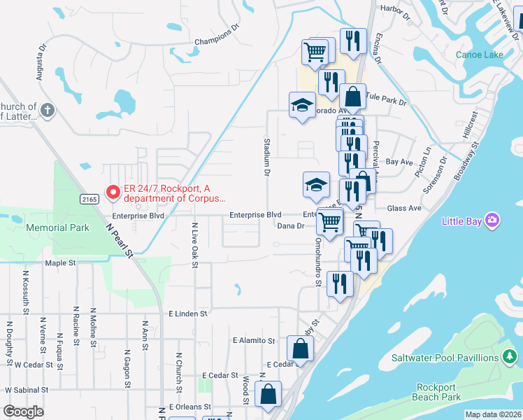 map of restaurants, bars, coffee shops, grocery stores, and more near 1218 Enterprise Boulevard in Rockport