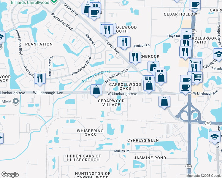 map of restaurants, bars, coffee shops, grocery stores, and more near 4311 Deermont Circle in Tampa
